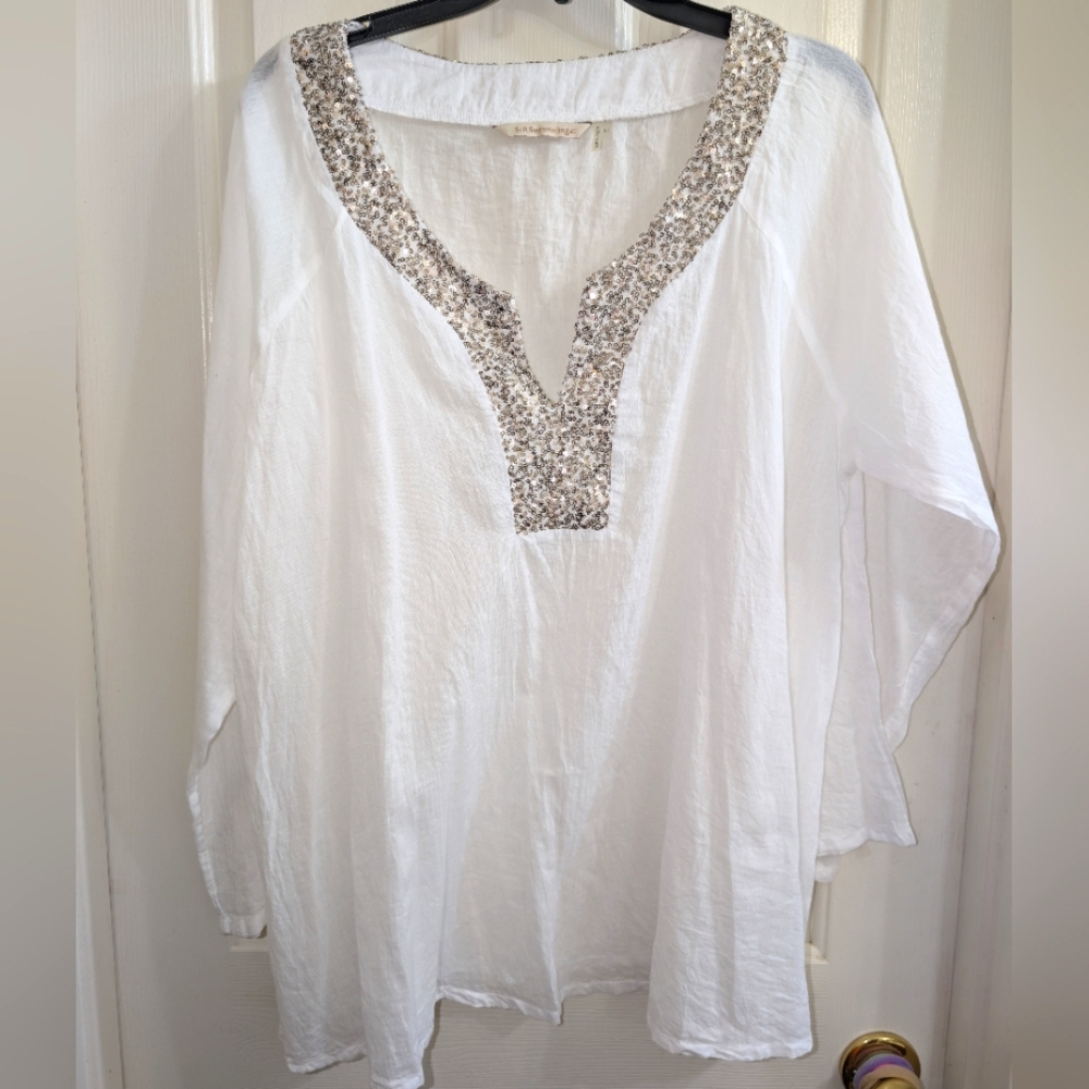 Soft Surroundings XL White Embellished Sheer Top